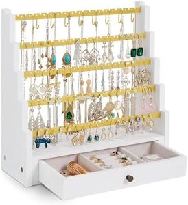 Pinzoveco Earring Organizer, 5 Layer Earring Holder Organizer with Metal Necklace Holder Pole, Rustic Wood Jewelry Organizer Stand Display for Stud Earring Bracelet Necklace Ring, 175 Earring Holes