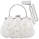 Missy K 7 Roses Clutch Purse, Satin, with Clasp Closure - Off white, with kilofly Money Clip