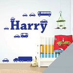 Personalised Name Boys Wall Art Sticker - Cartoon Trucks, Cars, Bus, Caravan, Taxi Set [Medium] [Silver]