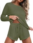 Ekouaer Womens Waffle Knit Pajama Sets Long Sleeve Top and Shorts Matching Lounge Set Sleepwear Loungewear Sweatsuit with Pockets Army Green XX-Large