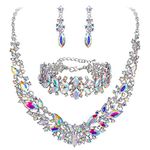 BriLove Wedding Bridal Necklace Earrings Bracelet Jewelry for Women Austrian Crystal Marquise Cluster Collar Necklace Dangle Earrings Link Bracelet Set Iridescent Clear AB Silver-Tone