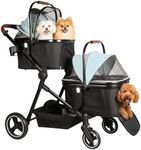 Foldable Double Pet Stroller for 2 Small Medium Cats or Dogs, Lightweight Single and Double Integrated Pet Stroller with Detachable Carriers