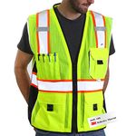 Dib Safety Vest Reflective Yellow Mesh, High Visibility Vest with Pockets and Zipper, Heavy Duty Vest Made with 3M Reflective Tape XL