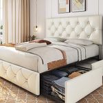 Yaheetech Queen Upholstered Bed Frame with 4 Drawers and Adjustable Headboard, Faux Leather Platform Bed with Mattress Foundation Strong Wooden Slats Support, No Box Spring Needed, Beige