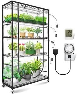 JESLED Indoor Greenhouse with Grow Light, 3FT Full Spectrum 5000K LED Light for Seed Starting, Tiered Lighting Control, Built-in Timer & Thermo-Hygrometer, Rolling Metal Plant Stand (35.4x13.8x70 in)