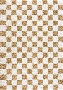 BoutiqueRugs Atira Mustard Checkered Shag Area Rug - Light Mustard, Cream - 8'10" x 12'