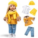 Rakki Dolli Doll Clothes Set 5-PC Fashion Mustard Winter Coat Set includes Warm Coat, Shirt, Jeans, Yellow Knit Hat & Knit Scarf, Outfits Casual Wear Fits 18 Inch American Girls Dolls 003