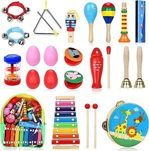 Jojoin Toddler Musical Instruments, 25PCS Wooden Percussion Instruments Toys Set with Storage Backpack, Tambourine, Maracas, Castanets etc. Early Education Musical Toys for Boys and Girls 3+