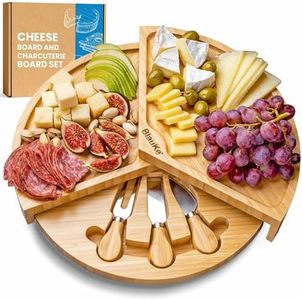 Bamboo Cheese Board and Knife Set – 14 inch Round Charcuterie Board, Serving Tray, Platter, Wood Cheese Board Set with Slide-Out Drawer – BlauKe®