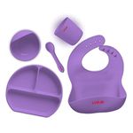 LuvLap 5-in-1 Silicone Baby Cutlery Set, Baby Feeding & weansing Essentials - Divider Plate, Tumbler, Bib with Crumb Catcher, Food Bowl with Suction Base, Silicone Spoon (Purple)