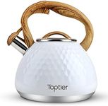 Tea Kettle, Toptier Teapot Whistling Kettle with Wood Pattern Handle Loud Whistle, Food Grade Stainless Steel Tea Pot for Stovetops Induction Diamond Design Water Kettle, 2.7-Quart White