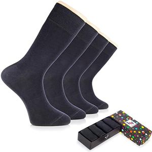 Hugh Ugoli Men's Rayon Dress Socks for Business & Trouser, Thin & Seamless Crew Socks, 4 Pairs with Gift Box, Charcoal Grey, Shoe Size: 8-12