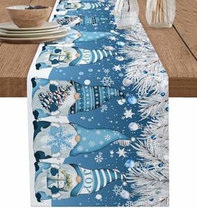 Christmas Blue Table Runner-Cotton Linen-36 Inch Holiday Dresser Scarves, Winter Snowflake Gnomes Silver Leaves Tablerunner for Kitchen Coffee/Dining Bedroom Home Living Room Dinner Scarf Décor 13x36