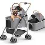 Pet Stroller for Small Medium Dogs Cats with Detachable Carrier – Zipperless Entry, Easy Fold with Removable Liner, Storage Basket + Cup Holder, Gray