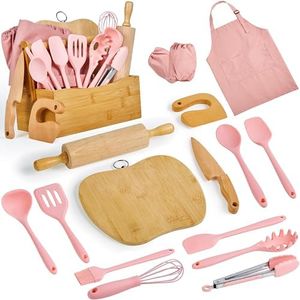 Pulcher Kids Cooking & Baking Sets Real Little Chef Cooking Utensils Kitchen Set Gifts for Girls Boys Juniors with Utensils Cutting Board Kids Safe Knife Rolling Pin Apron Carrying Basket (Coral Pink)