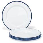 Red Co. Set of 4 Enamelware Metal Classic 8" Round Salad Plate, Solid White/Navy Blue Rim