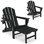 ABCPATIO Folding Adirondack Chair with Scalable Footrest – Outdoor Weather Resistant Plastic Chairs with Detachable Ottoman, Stackable Seating with Cupholder for Patio (Seat Width 21.6", Black)