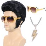 Bettecos 4pcs Set 50s Rock Legend Wig with Sunglasses and Necklace for Men Rock and Roll Singer Rocker Costume Wigs for Cosplay Halloween Party (Adults)