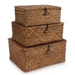 HUALIANG Rattan Storage Basket with Lid, 3 Pieces Wicker Storage Baskets with lids，Seagrass Braided Shelf Baskets, Multifunctional Storage Box for shelves for Toys, Cosmetics, Bathroom,Toilet Paper