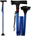 Patient Aid Foldable Walking Cane for Women and Men, Blue Lightweight Frame with Adjustable Height and Pivoting Base, Ergonomic Handle with Night Light and Push Button Alarm, Supports Up to 250 lbs