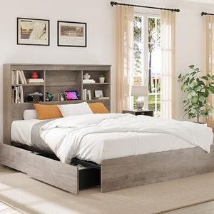 GarveeHome Queen Size Bed Frame with High Storage Bookcase Headboard, Wood Bed Frame with 4 Storage Drawers, Built in Charging Station,No Box Spring Needed, Metal Frame, Noise-Free,Grey