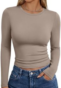 Trendy Queen Womens Long Sleeve Shirts Basic Crop Tops Tight Slim Fit Cute Teen Girls Fall Winter Y2k Clothes Mocha M