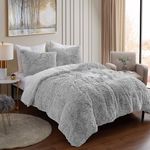 Queen Luxury Faux Fur Comforter Set - Soft & Breathable 7-Piece Bedding Collection - 1 Comforter, 1 Fitted Sheet, 1 Flat, 2 Pillowcases, 2 Pillow Shams - Deep Pocket - Premium Quality, Silver