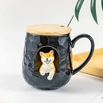 FunBlast Ceramic Cup – Animal Coffee Mug, Tea, Juice Drinking Ceramics Mug Stylish Mug with Lid/Milk Drinking Mug for Boys and Girls, 3D Cup, Mug for Gifting (430 ML) (Black)