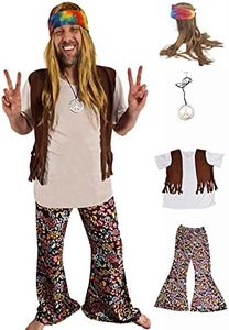Hippie Costume Set - Wig and Bandana - Necklace - Vest - Shirt - Woodstock 1960s Gear - All Included (X-Large)