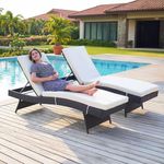 DEVOKO Set of 2 Outdoor Patio Recliner Lounger Chair 5 Position Adjustable Backrest with All Weather Wicker Waterproof Cushion Sun Lounger for Poolside, Garden Balcony (Dark Brown & Off-White)