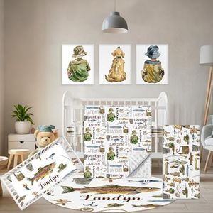 Terwex Personalized Baby Crib Set, 5 Pcs Baby Boy Crib Bedding Set, Custom Name Fishing Baby Crib Bedding Set Neutral, Double Layer Flannel Nursery Bedding Set, Newborn Infant Toddler Customized Gift