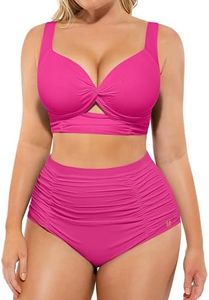 SHAPELLX Women Tummy Control 2 Piece Swimsuits Push Up Bikini High Waisted Ruched Bathing Suit Twist Front V Neck Bikini Sets Adjustable (Pink, Large)