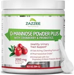 Zazzee D-Mannose Powder Plus, 2000 mg, 67 Servings, Potent & Fast-Acting, Plus 5 Billion CFU Probiotics and Pure Cranberry Juice Extract, Free Scoop, 6.5 Oz, Vegan, Gluten-Free, Non-GMO, All-Natural