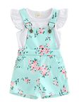 ZZLBUF Toddler Baby Girl Summer Overall Outfit Ruffle Sleeve Tops T-Shirt + Floral Suspender Shorts Pockets Clothes Set (Floral Green, 2-3 Years)