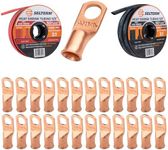 SELTERM 25pcs 2 AWG 3/8" Battery Lugs with 5/8" 50ft Black & Red Marine Grade Heat Shrink Tubing Roll, 3:1 Dual Wall Adhesive, Heavy Duty Bare Copper Wire Connectors for Battery Cable Ends & Terminals