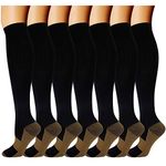 Double Couple 7 Pairs Copper Compression Socks for Men Women 20-30 mmHg Knee High Stockings