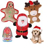 QKURT 3 PCS Christmas Dog Toys, Dog Plush Squeaky Toys Included Ginger Man Reindeer Santa Claus Perfect for Small Medium Dog