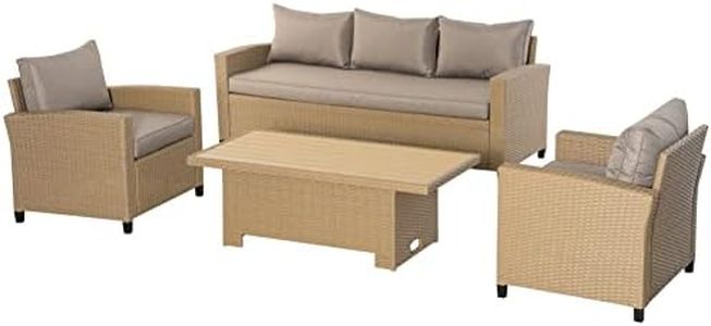 Outsunny 4 PCS Outdoor PE Rattan Sofa Set, Patio Twin Wicker Aluminium Frame Conversation Furniture w/Adjustable Wood Grain Plastic Table-top Table & Thick Cushion for Garden, Backyard