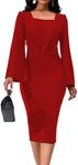 Elegant Dresses for Women Sexy Church Long Ruffles Sleeve Business Pencil Vintage Peplum Dress Wear to Work, Red Cape Dress, X-Large