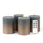 Fanna 4'' Flameless LED Pillar Candles with Timer for Wreath, Battery Operated Rustic Wax Candles with Remote for Christmas, 8 Batteries Included - Set of 4 - Misty Blue/Copper