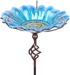 MUMTOP Bird Baths for Outdoors Glass Birdbath Bird Feeders Bowl Flower Pattern with Metal Stake for Garden Decor (Blue)