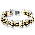 JewelryWe Heavy and Study Mens Fancy Bike Chain Bracelet Stainless Steel Silver Gold Black Tri-tone High Polished