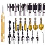 23Pcs Countersink Drill Bit Set,6 Countersink Drill Bits, 7 Three Pointed Countersink Drill Bit with L-Wrench, 8 Wood Plug Cutter Drill Bits,for Wood DIY Door Window Cabine Woodworking Lover