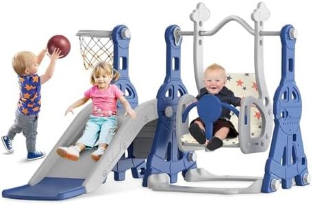 BIERUM 4 in 1 Toddler Slide and Swing Set, Baby Slide for Toddlers Age 1-2, with Basketball Hoop, Indoor Outdoor Toddler Playset Blue