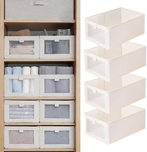 Linen Storage Bins, 4 Pack Clothes Organizers and Storage, Drawer & Wardrobe Clothes Organizer, Closet Storage Baskets with Clear Window, Foldable Cube Storage Boxes for Organizing Clothing (Beige)