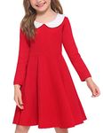 Arshiner Girls Red Long Sleeve Dress Casual Vintage Peter Pan Collar Swing Christmas Dress for 5 Years Old Girls