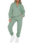 Aleumdr Women's 2024 Fall Fashion Outfits 2 Piece Sweatsuit Solid Color Half Zip Long Sleeve Pullover Long Pants Tracksuit Green Medium