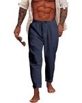 NANAMEEI Men's Cotton Linen Pants Jogging Yoga Beach Pants with Pockets Navy L