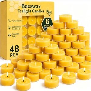 6 Hours Beeswax Tealight Candles, 48 Packs Pure Beeswax Candles Extended Burn Time Beeswax Tea Lights Burn Evenly and Clean Bees Wax Tealight Candles Bulk for Relaxing Air Purification