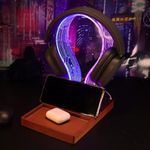 YuanDian Gamer Gifts for Teenage Boy, LED Gaming Headphone Phone Stand with Tray - Wood Holder with Blue Pink LED Night Light, Desk Organizer, Ideal Gift for Gamers, Men, and Music Lovers